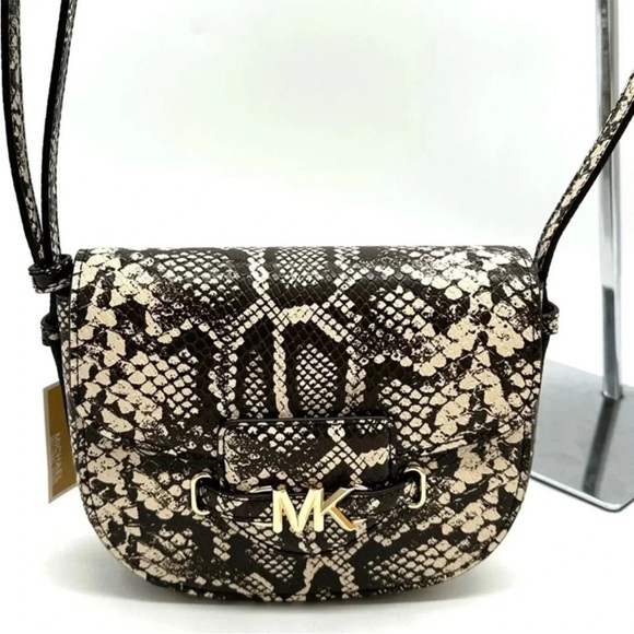 Michael Kors Small Reed Leather Saddle Crossbody Bag Snakeskin Nat/ Light Cream